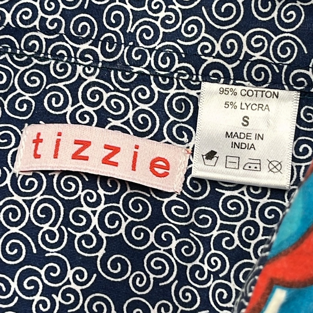 TIZZIE Artsy Mod Print Contrast French Cuff Preppy Retro Blue/Red Cotton Top S - Picture 3 of 16